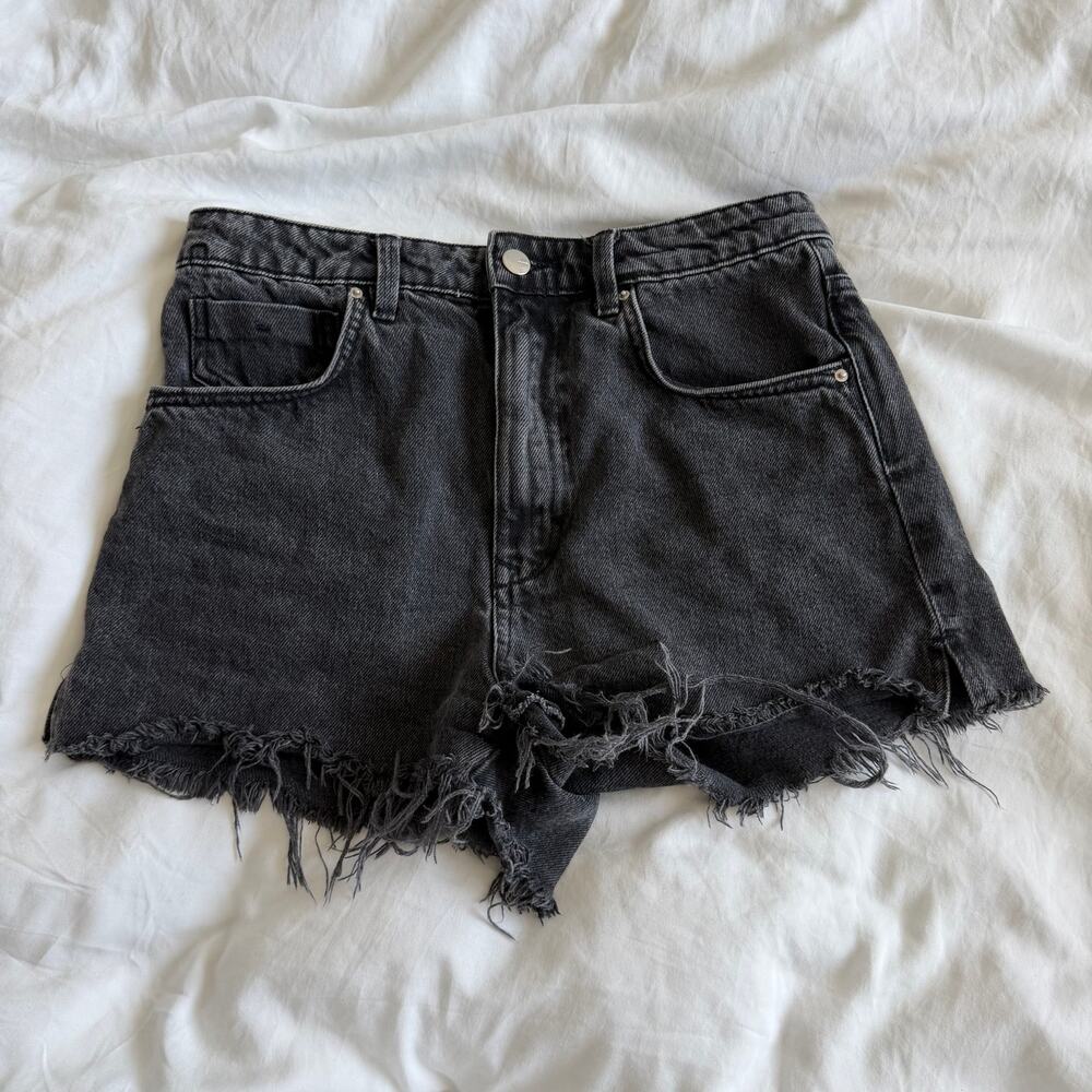 Zara High Waisted Washed Black Denim Shorts Cut Off Size S